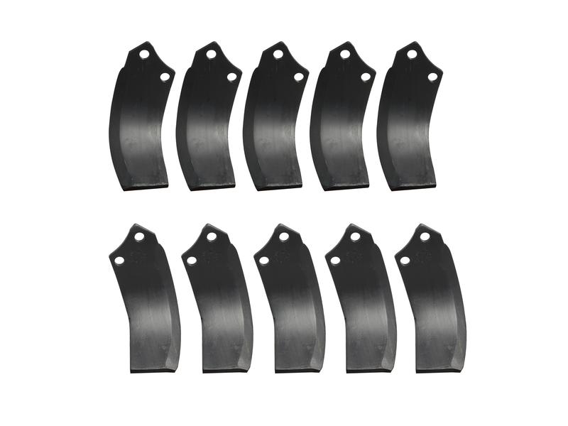 Rotavator Blade Curved 10 pcs. (5 LH & 5 RH) 90x10mm Height: 215mm. Hole centres: 56mm. Hole Ø: 16.5mm. Replacement for Maschio