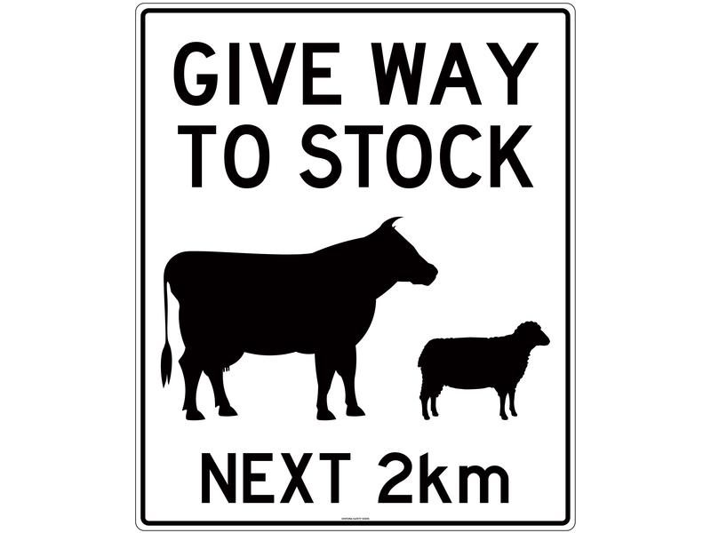 Safety Sign - Give way to stock ahead 2km , 750 x 900mm