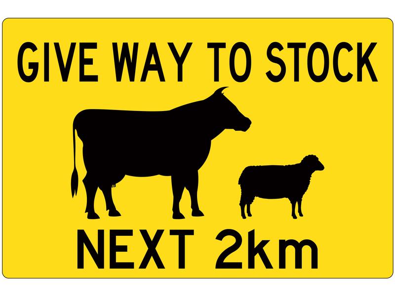 Safety Sign - Give way to stock next 2km, 900 x 600mmmm