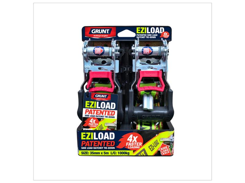 Grunt Eziload Rachet and lashing strap - D-Ring &  Hook 35mm x 5M Pk of 2 pcs., Load Capacity Straight Pull 1000kgs Image 1