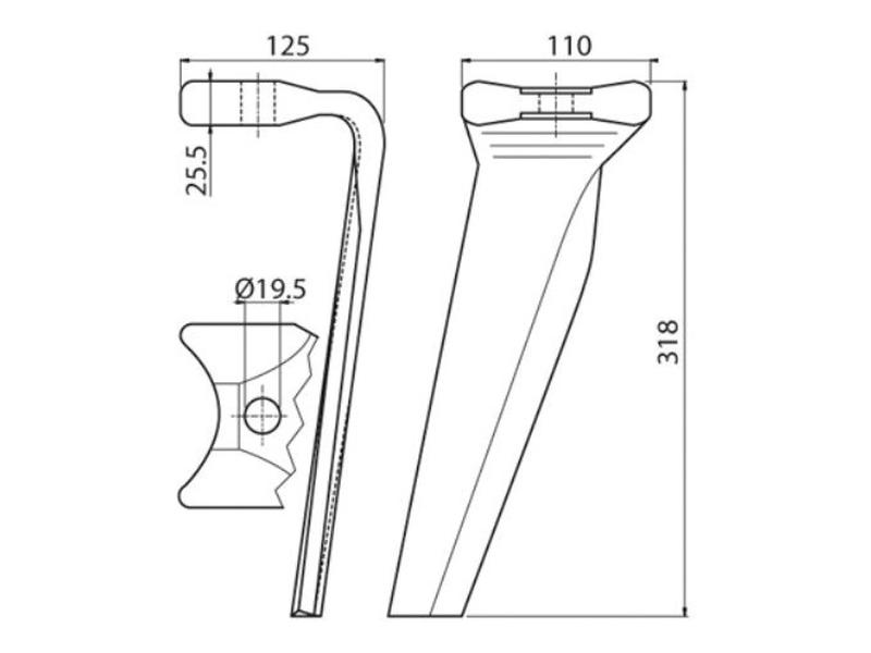 Power Harrow Blade 110x25.5x318 MM Rh. Hole Centres: Hole Ø 19.5 Mm. Replacement for Kuhn. to Fit as: 52596410 - Sparex Part S.78192