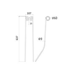 Swather/Tedder Tine Length: 620mm, Width: 105mm, Ø9mm - Replacement for Daros 2