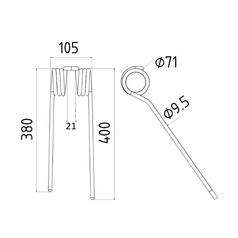 Tedder haytine - LH -  Length: 400mm, Width: 105mm, Ø9.5mm - Replacement for Pottinger 2