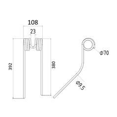 Tedder haytine - RH -  Length: 392mm, Width: 108mm, Ø9.5mm - Replacement for Stoll 2