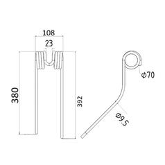 Tedder haytine - LH -  Length: 392mm, Width: 108mm, Ø9.5mm - Replacement for Stoll 2