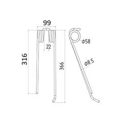 Tedder haytine - LH -  Length: 365mm, Width: 90mm, Ø8mm - Replacement for Lely 2