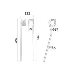 Tedder haytine - RH -  Length: 400mm, Width: 122mm, Ø9.5mm - Replacement for SIP, Twose 2