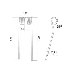 Tedder haytine - LH -  Length: 400mm, Width: 122mm, Ø9.5mm - Replacement for SIP, Twose 2