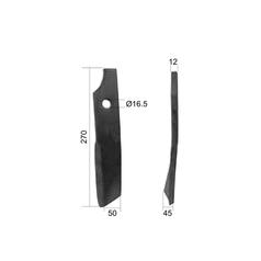 Rotavator Tine Twisted LH. Width: 50mm, Height: 270mm, Hole Ø: 16.5mm. Replacement for Kuhn 3