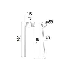 Tedder haytine - RH -  Length: 410mm, Width: 115mm, Ø9mm - Replacement for PZ, Vicon 2