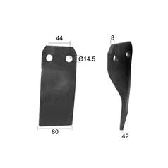 Rotavator Blade Twisted RH 80x8mm Height:  Hole centres: 44mm. Hole Ø: 14.5mm. Replacement for Maschio 4