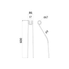 Swather/Tedder Tine Length: 600mm, Width: 86mm, Ø9mm - Replacement for Claas, Bautz 2