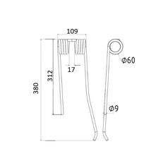 Tedder haytine - LH -  Length: 368mm, Width: 111mm, Ø9mm - Replacement for Lely 2