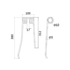 Tedder haytine - RH -  Length: 368mm, Width: 111mm, Ø9mm - Replacement for Lely 2