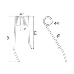 Tedder haytine - RH -  Length: 360mm, Width: 105mm, Ø9mm - Replacement for JF 3