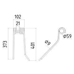 Tedder haytine - LH -  Length: 401mm, Width: 102mm, Ø9mm - Replacement for Deutz-Fahr 2