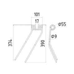 Tedder haytine - LH -  Length: 374mm, Width: 101mm, Ø9mm - Replacement for Deutz-Fahr 2