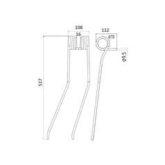 Swather/Tedder Tine - RH & LH -  Length: 517mm, Width: 108mm, Ø9.5mm - Replacement for Kuhn 2