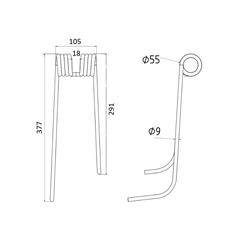 Tedder haytine - RH -  Length: 377mm, Width: 105mm, Ø9mm - Replacement for Lely 2