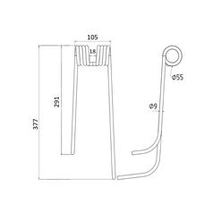 Tedder haytine - LH -  Length: 377mm, Width: 105mm, Ø9mm - Replacement for Lely 2