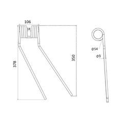 Tedder haytine - RH -  Length: 378mm, Width: 106mm, Ø9mm - Replacement for Fella 2