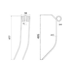 Swather/Tedder Tine - RH & LH -  Length: 477mm, Width: 98mm, Ø8.5mm - Replacement for Kuhn 2
