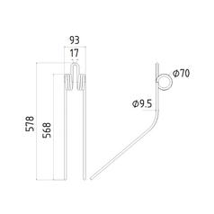 Swather/Tedder Tine Length: 568mm, Width: 93mm, Ø9.5mm - Replacement for Kuhn 2