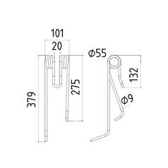 Tedder haytine - RH -  Length: 379mm, Width: 101mm, Ø9mm - Replacement for Lely 2