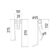 Tedder haytine - LH -  Length: 379mm, Width: 101mm, Ø9mm - Replacement for Lely 2